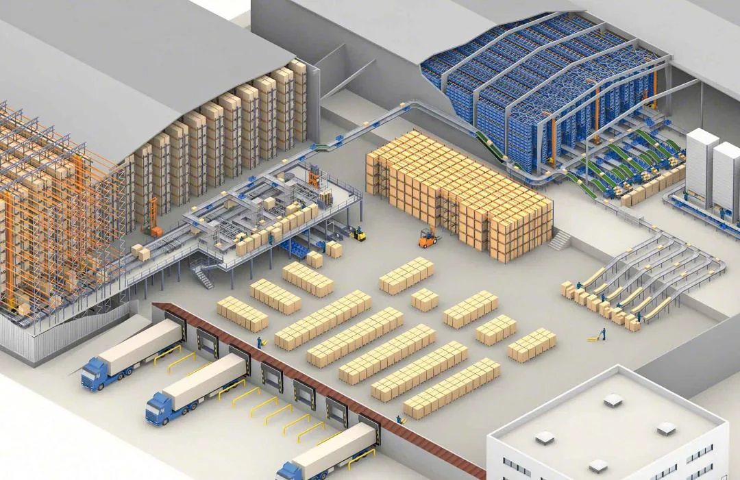 Illustration of an organized sorting and storage facility with conveyors, warehouse racks, and loading areas.
