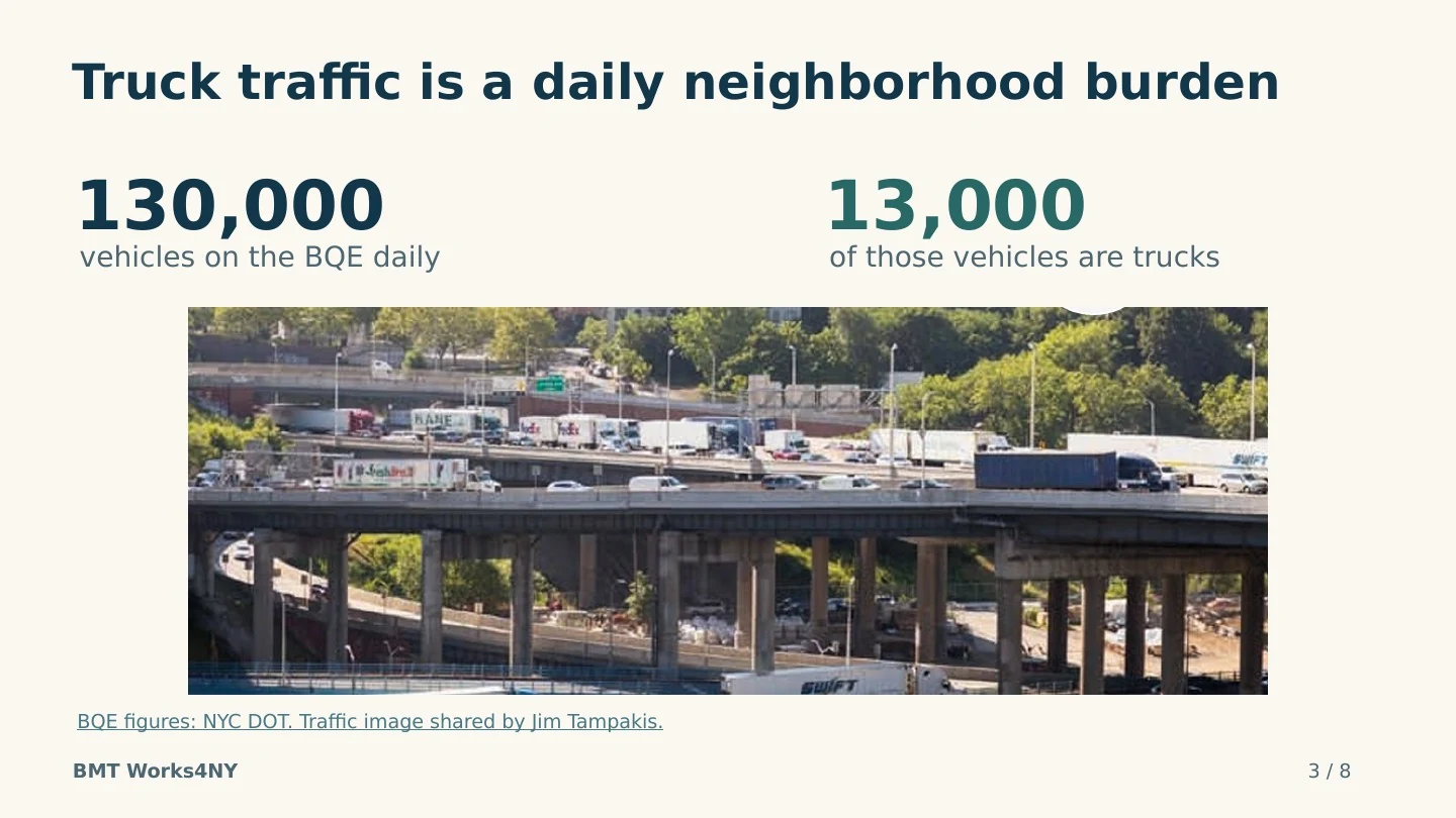 Slide 3: Truck traffic is a daily neighborhood burden. Read the slide text below.