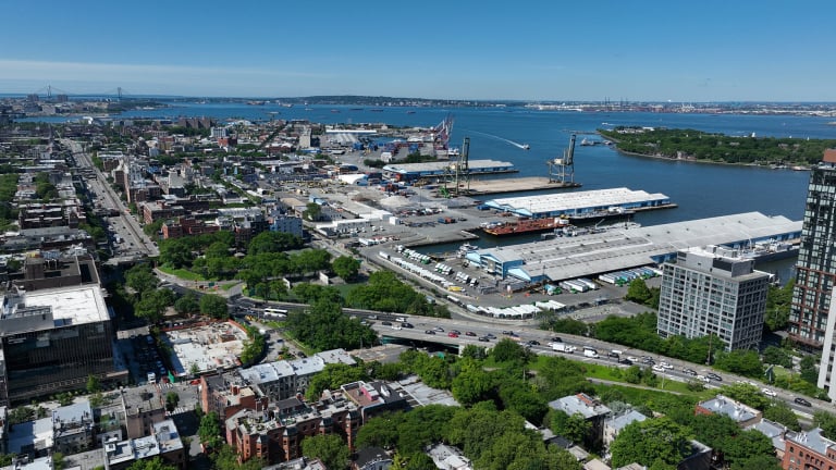 The Brooklyn Marine Terminal and the surrounding waterfront neighborhoods, viewed from above.